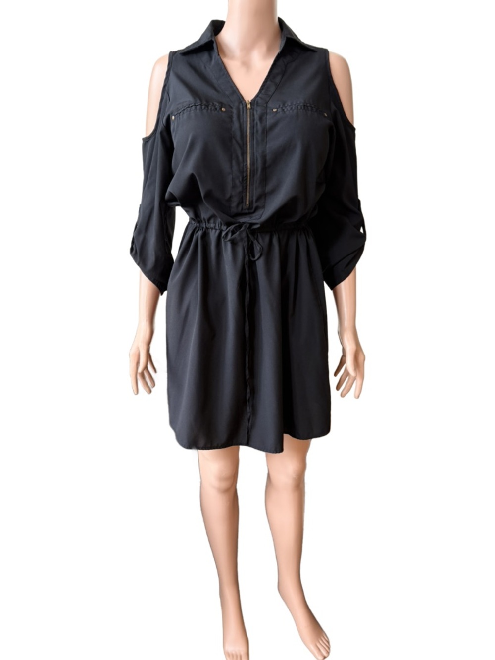 Speed Control New York Black Cold-Shoulder Zip Front Shirt Dress with Pockets